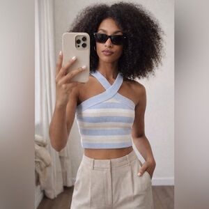 House of Harlow 1960 Criss Cross Knit Crop Top Blue Cream Size S
